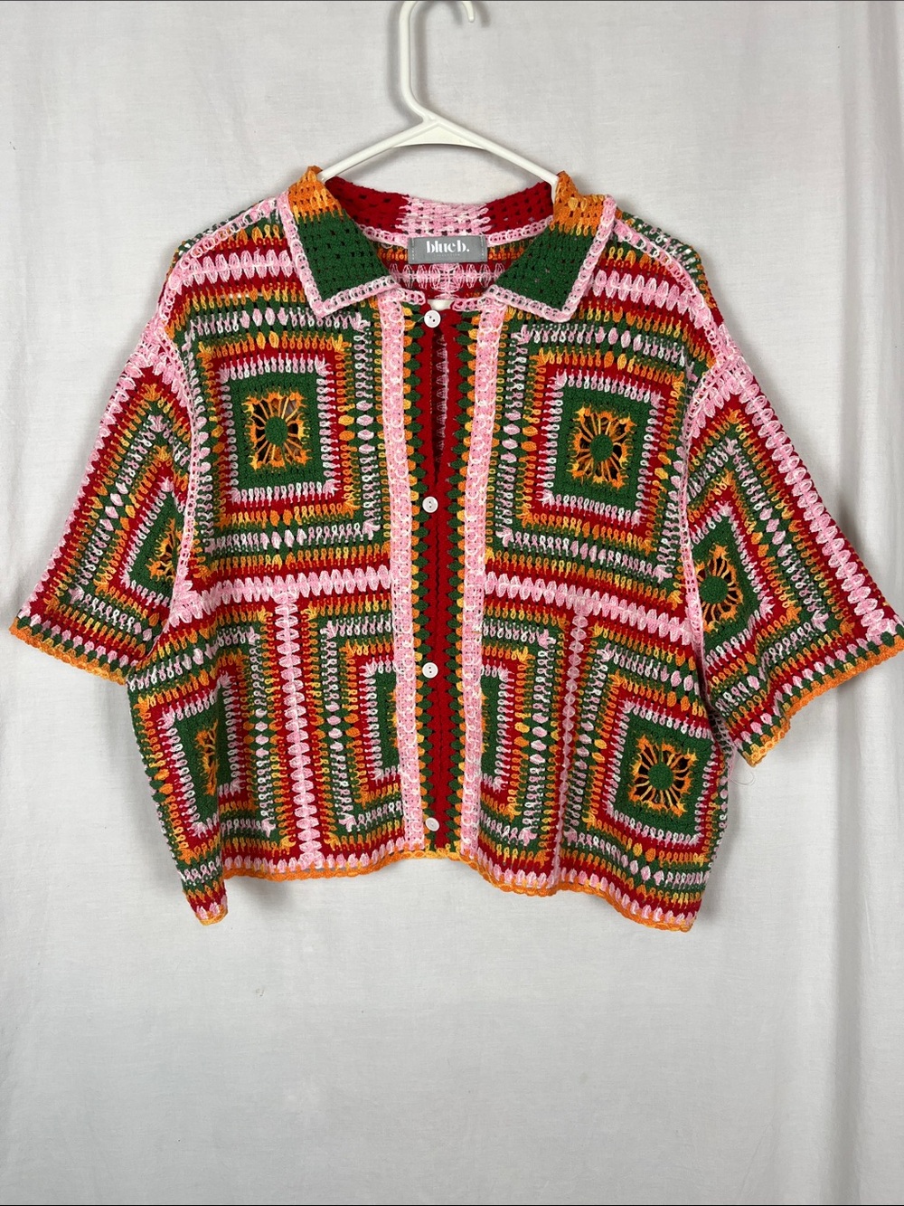 Blue B Collection Multicolored Boho Boxy Cropped Crochet Knit Button Up Cardigan